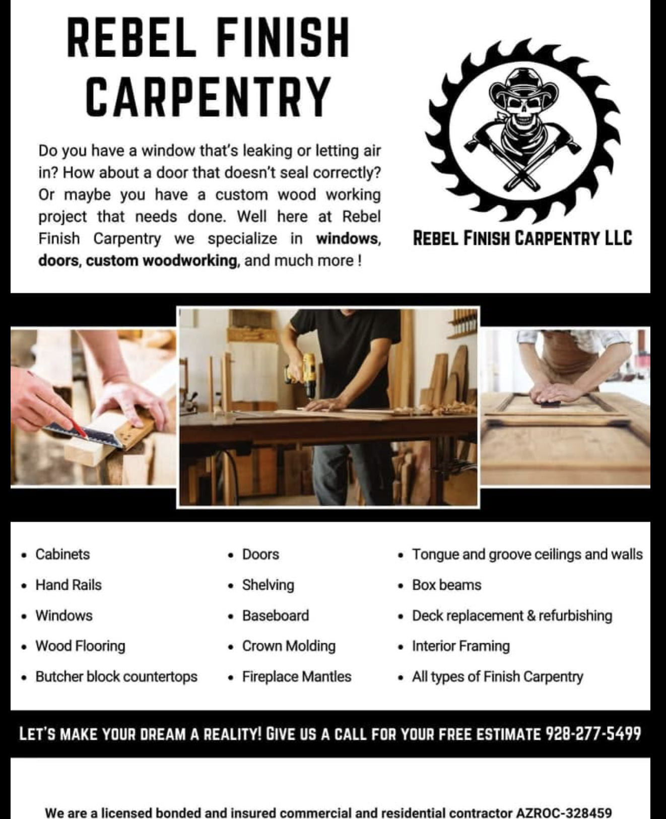 Rebel Finish Carpentry LLC services and logo